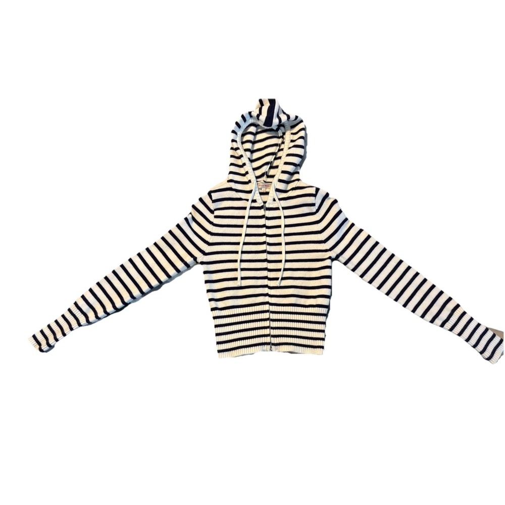 Stella Tweed Navy/White Striped Knit Hoodie Women's Size Medium Nautical Vacay